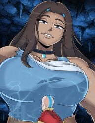 aang avatar_the_last_airbender big_boobs big_breasts boobs breasts brown_hair brown_hair_female brunette brunette_hair clothed clothed_female clothed_male couple couple_(romantic) dark-skinned_female dark_skin female female_focus giant_female giant_woman giantess height_difference inchhighjedi katara large_boobs large_breasts light-skinned_male light_skin looking_down looking_down_at_partner looking_up looking_up_at_partner male size_difference
