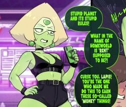 alphapossum ass bottom_heavy bracelet breasts cellphone choker clothed_sex colored_skin commentary curvy dokidubs earrings english_commentary english_text erection fishnet_thighhighs fishnets green_eyes green_skin high_heels highres huge_ass jewelry medium_breasts medium_hair nipples open_mouth penis peridot_(steven_universe) phone prostitution pussy sex short_shorts shorts small_breasts sound spanish_voice_acting speech_bubble steven_universe straight tagme thick_thighs thighhighs thighs tongue tongue_out vaginal_penetration video voice_acted