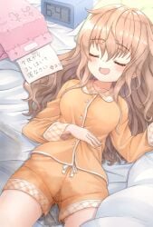 1girl bed bed_wetting blush bow breasts brown_hair clock drooling girl hair long long_sleeves on_bed open_mouth pee peeing peeing_panties peeing_self pillow pyjamas relief sleeping solo wet wet_clothes wet_shorts