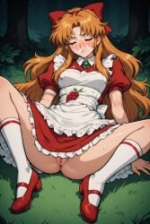 1girl 1girls ai_generated blonde_female blonde_hair blush cum_on_face elise_(little_goody_two_shoes) exposed_pussy female female_only golden_eyes green_brooch inminent_rape little_goody_two_shoes pussy red_dress red_ribbon red_shoes sleeping white_apron white_thighhighs