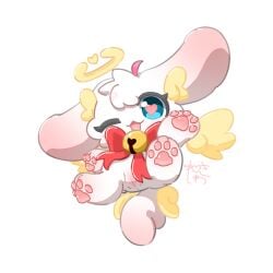 1:1 absurd_res anus bow_accessory chibi female feral front_view fur genitals halo hi_res humanoid_genitalia humanoid_genitalia_on_feral humanoid_vulva kemono neisawa pawpads paws pink_body pink_fur simple_background smile solo vulva white_background white_body white_fur