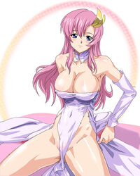 alpa blue_eyes breasts cleavage collar dress erect_nipples erect_nipples_under_clothes gundam gundam_seed hair_ornament highres lacus_clyne legs_apart lux no_bra no_panties pink_hair thighs