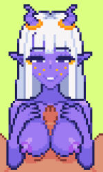 colored_skin eri_(fluxfruit) fluxfruit hands_on_own_chest horns looking_at_viewer lowres original paizuri pixel_art pointy_ears pov purple_skin smug tiefling