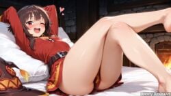 1girl ;d ai_generated amoraart arms_behind_head arms_up artist_name ass bare_legs barefoot bed belt belt_buckle black_belt black_headwear blush breasts brick_wall brown_hair buckle crossed_legs dress feet female female_only fire fireplace foot_out_of_frame hat heart indoors kono_subarashii_sekai_ni_shukufuku_wo! leg_up legs legs_up long_sleeves looking_at_viewer lying megumin no_panties on_back on_bed one_eye_closed open_mouth pillow red_dress red_eyes short_hair short_hair_with_long_locks sidelocks small_breasts smile solo teeth thighs unworn_hat unworn_headwear upper_teeth_only witch_hat