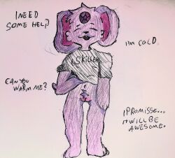 abby_(artist) absurd_res anthro band_t-shirt bottomless clothed clothing female gem hi_res lagomorph lamiella leporid mammal pubes purple_body rabbit requesting sex_request solo standing traditional_media_(artwork)