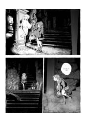 1girl drav_jack high_guardian_spice sage_(high_guardian_spice) big_breasts statue comic black_and_white