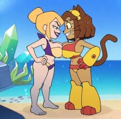 gameoverse kit_(gameoverse) miss_information_(gameoverse) edit tagme blonde_hair tied_hair purple_eyes purple_lipstick short_hair 2girls breasts touching_breast large_breasts cleavage bikini swimwear slim_waist navel wide_hips thick_thighs voluptuous ass side_view hands_on_hips goggles brown_hair tan_body boots gloves cat_tail cat_ears sweat yellow_sclera