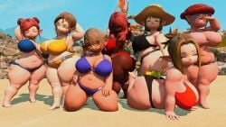 shortstack huge_breasts huge_ass short massive_breasts massive_ass lalafell krile_mayer_baldesion tataru_taru bikini harem final_fantasy_xiv multiple_girls beach