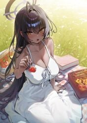 1girl alternate_costume apple blue_archive blue_nails book breasts cleavage dark-skinned_female dark_skin dress female female_only fingernails food fork fruit grass hair_between_eyes halo highres holding holding_fork karin_(blue_archive) large_breasts long_hair looking_at_viewer nail_polish open_mouth picnic purple_halo solo strawberry white_dress yampa yellow_eyes
