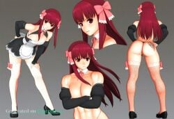 1girl abs ai_assisted ai_generated ass choker detailed detailed_body detailed_face devious devious_smile g_string hair_bow long_hair mary_janes muscle_definition oiled_body proud punk red_eyes red_hair seductive seductive_look serious standing sultry toned topless wide_hips zettai_ryouiki