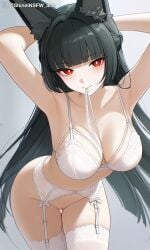 1girls ai_generated black_hair hoshimi_miyabi looking_at_viewer pussy red_eyes shineinsfw smile solo uncensored zenless_zone_zero