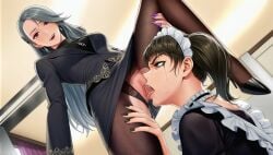 2girls ai_generated black_bra black_high_heels black_nails brown_eyes brown_hair choker cunnilingus earrings female female/female female_only from_below frown grey_hair grey_skirt grey_suit hair_ornament high_heels lace_panties leg_up licking_pussy maid maid_headdress maid_outfit maid_uniform nail_polish necklace office_lady office_lady_outfit open_mouth oral oral_sex panties_aside pantyhose persona persona_5 persona_5_royal purple_nails pussy pussy_juice pussy_juice_drip pussy_juice_in_mouth runny_makeup runny_mascara sadayo_kawakami sae_niijima sex smile spread_legs standing standing_on_one_leg standing_sex tear tongue_out torn_pantyhose uncensored yuri