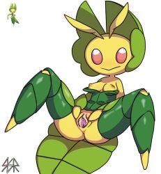 2025 absurd_res antennae_(anatomy) anthro areola arthropod breasts clitoris digital_media_(artwork) exposed_breasts female female_anthro front_view generation_5_pokemon genitals green_body green_clitoris hi_res leavanny medium_breasts multicolored_body nintendo nipples pink_eyes pink_vulva pokemon pokemon_(species) presenting presenting_vulva safersophieroth simple_background solo spread_legs spread_vulva spreading urethra vulva watermark yellow_antennae yellow_body yellow_breasts