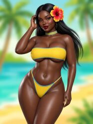 1girls adjusting_hair african_female ai_generated beach belly_button belly_button_piercing bikini black_female black_hair blurry_background brown_eyes brushing_hair choker cleavage dark-skinned_female earrings eyelashes female female_only flower_in_hair flowing_hair gemini glossy_body hoop_earrings hourglass_figure large_breasts lipstick long_hair looking_at_viewer loose_hair mature_female micro_bikini midriff narrow_waist navel_piercing ocean palm_tree pelvic_line realistic rgomez007 seductive_look self_upload shiny_skin slight_smile smiling_at_viewer solo_female swimsuit thick_lips thick_thighs tropical underboob voluptuous warm_lighting wide_hips yellow_clothing
