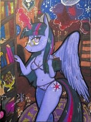 anthro bikini book candle clothing equid equine eyewear female freckles friendship_is_magic genitals glasses hasbro hi_res horn library looking_at_viewer magic mammal moon my_little_pony mythological_creature mythological_equine mythology nipples skag0eswoof smile smiling_at_viewer solo swimwear telekinesis twilight_sparkle_(mlp) two-piece_swimsuit vulva winged_unicorn wings