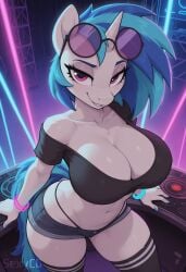 ai_generated friendship_is_magic my_little_pony vinyl_scratch_(mlp) equid equine mammal unicorn furry hi_res watermark anthro bedroom_eyes big_breasts blue_hair bottomwear breasts clothing eyewear eyewear_on_head female hair horn hotpants inside legwear looking_at_viewer narrowed_eyes pink_eyes seductive shorts smile solo stockings sunglasses sunglasses_on_head tail white_body