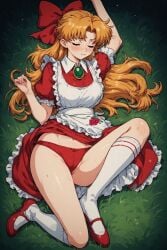 1girl 1girls ai_generated blonde_female blonde_hair blush elise_(little_goody_two_shoes) exposed female female_only golden_eyes green_brooch inminent_rape little_goody_two_shoes red_dress red_panties red_ribbon red_shoes sleeping white_apron white_thighhighs