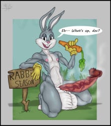 anthro balls big_balls big_penis black_border bodily_fluids border bugs_bunny carrot clothing epididymis food foreskin fur genitals gloves grey_body grey_fur handwear happy huge_balls huge_penis humanoid_genitalia humanoid_penis hyper hyper_balls hyper_genitalia hyper_penis lagomorph legwear leporid long_ears long_penis looking_at_viewer looney_tunes male mammal narrowed_eyes navel nipples nude penis plant rabbit raphe_(anatomy) scrotum_flap simple_background solo speech_bubble steam sweat sweaty_balls sweaty_genitalia tail teeth text thigh_highs vegetable vein veiny_penis warner_brothers whiskers wilelter