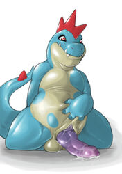 balls chubby crocodile croconaw cute_fang fangs furry furry_only kneeling male male_focus male_only narse nintendo no_humans penis pokémon_(species) pokemon pokemon_gsc precum red_eyes scalie smile smooth_skin solo tail uncensored white_background