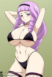 1girl solo swimsuit breasts bikini long_hair purple_eyes areola_slip fishnet_thighhighs black_bikini purple_hair drill_hair fishnets thighhighs navel blush looking_at_viewer bangs hairband large_breasts armpits arms_behind_head blunt_bangs arms_up green_background covered_nipples micro_bikini cleavage makeup hashima_rin cardfight!!_vanguard unjobdespiert ai_generated 1female curvy huge_breasts huge_ass big_breasts big_ass 1girls 2026 artist_name watermark hi_res highres high_quality high_resolution patreon_username patreon