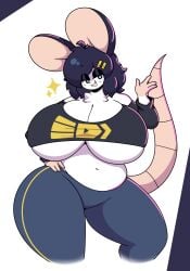 dewbber mouse mouse_ears mouse_girl mouse_tail white_fur black_hair bedroom_eyes seductive_look sparkles sparkle waving hand_on_hip eyeshadow purple_lighting purple_light black_topwear cleavage crop_top sweatpants pants chest_tuft blue_eyes belly_button belly exposed_belly underboob chubby chubby_female thick thick_thighs breasts big_breasts huge_breasts large_breasts thighs big_thighs large_thighs huge_thighs wide_hips wide_thighs hips big_hips huge_hips large_hips fluffy logo logo_on_clothes furry furry_only furry_female female female_only 1girls 1girl posing slevess black_sleeves