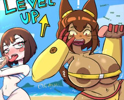2026 2girls alternate_breast_size beach big_breasts bikini breast_expansion brown_hair cat_ears cat_tail catgirl crossover curvy dark_nipples digital_circus fanart fellatio female furry_female furry_only gameoverse huge_areolae huge_breasts kit_(gameoverse) level_up licking_penis penis pomni pomni_(the_amazing_digital_circus) redgiratina short_hair text the_amazing_digital_circus