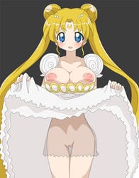 1girls artist_request big_breasts bishoujo_senshi_sailor_moon blonde_hair blue_eyes blush breasts dress dress_lift female female_only huge_eyes large_breasts long_hair nipples princess_serenity pussy see-through smile solo straight_hair white_dress