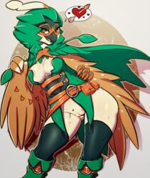 anthro areola avante92 beak blush breasts decidueye feathered_wings feathers female female_decidueye female_only looking_at_viewer nintendo open_mouth pokemon pokemon_sm pussy solo thighhighs tongue video_games wings