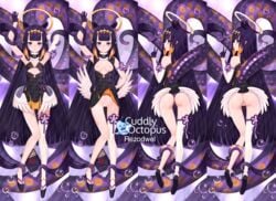 bangs black_dress black_gloves blunt_bangs blunt_ends book closed_mouth dakimakura_(medium) dress eyelashes female fur-trimmed_choker gloves halo hand_on_tentacle hololive hololive_english hololive_myth long_hair looking_at_viewer low_wings mole mole_under_eye ninomae_ina'nis pointy_ears purple_eyes purple_hair rezodwel sidelocks single_thighhigh smile solo tassel tentacle thighhighs tsurime very_long_hair virtual_youtuber watermark white_legwear wings