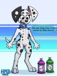 101_dalmatian_street 101_dalmatians age_regression aged_down anthro breasts canid canine canine_pussy canis collar cub dalmatian delilah_(101_dalmatians) dialogue disney female female_only flat_chest genitals hands hmdkoba long_ears nipples paws pink_nipples pussy simple_background small_breasts smaller_female speech_bubble spots spotted_body spotted_fur spray_can tail white_fur