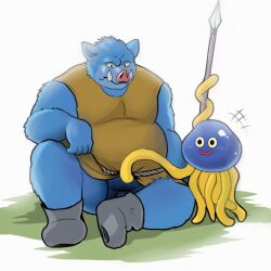 2023 anthro barely_visible_genitalia barely_visible_penis belly big_belly blue_body clothing dragon_quest duo genitals goo_creature healslime kemono male male_focus male_only mammal meguru_salmon orc_(dragon_quest) orc_king_(dragon_quest) overweight overweight_male penis sitting slime slime_(dragon_quest) square_enix suid suina sus_(pig) tentacle weapon wild_boar