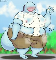 axoarts between_breasts bhm big_moobs blush blushing_male buddy_(axoarts) fat game_freak gay generation_2_pokemon inside_clothing male/male male_breasts male_only moobs nintendo overweight overweight_male pokemon pokemon_(species) quagsire ring size_difference ssbhm superchub wide_hips ych