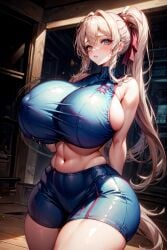 1girls absurdres ai_generated alternate_breast_size arms_behind_back aroused big_breasts blonde_hair blue_crop_top blue_eyes blue_shorts blush breast_expansion breasts breasts_bigger_than_head breasts_bigger_than_torso bursting_breasts curvy excited female female_focus female_only gigantic_breasts huge_breasts looking_away metroid midriff motion_lines nintendo nipple_bulge ponytail samus_aran sideboob skindentation sleeveless sole_female solo solo_female solo_focus stable_diffusion taut_clothes thick_thighs thin_waist tight_clothing wide_hips wristband zero_suit_samus