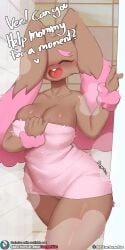 anthro bathroom big_breasts blush breasts burgerkiss closed eevee eyes female hi_res huge_breasts lopunny nintendo pokemon pokemon_(species) shower solo sweat text towel