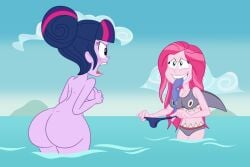 2girls accurate_art_style ass assisted_exposure backside big_ass big_breasts big_butt bikini bikini_bottom bikini_top blush breasts bubble_butt embarrassed_nude_female enf equestria_girls female friendship_is_magic hasbro holding_bikini_bottom holding_bikini_top my_little_pony nude nude_female pink_hair pink_skin pinkie_pie_(eg) purple_hair purple_skin sci-twi scobionicle99 shark_suit stolen_bikini stolen_swimsuit straight_hair thick_ass twilight_sparkle_(eg)