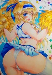 1girls alternate_hairstyle ass big_ass big_breasts blonde_hair blue_eyes busty cecilia_alcott cheerleader dripping fat_ass female female_only hairbow huge_ass infinite_stratos large_breasts legs long_hair looking_at_viewer looking_back one_eye_closed open_mouth panties pom_poms ponytail sideboob skirt smile solo thick_thighs thighs thong traditional_media traditional_media_(artwork) voluptuous white_panties wink