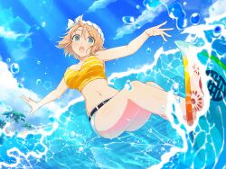 1girls belly belt big_breasts blush booty_shorts busty exposed_midriff female female_only green_eyes hair_ornament hanabi_(senran_kagura) headband highres large_breasts legs official_art orange_hair palm_tree sea seaside senran_kagura solo surfboard surprised surprised_expression tank_top thick_thighs thighs water yaegashi_nan