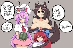 3girls animal_ears big_breasts brown_hair bunny_ears bunny_girl cleavage clothed_female disembodied_head grey_background imaizumi_kagerou kagerou_imaizumi light-skinned_female long_hair notnoe_(dxcl) purple_hair red_eyes red_hair reisen_udongein_inaba sekibanki skirt tail touhou watermelon wolf_ears wolf_girl