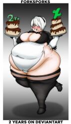 1girls bbw belly big_belly big_breasts blush breasts cake fat female female_only forksporks hairband huge_belly light-skinned_female light_skin nier nier:_automata obese overweight short_hair solo thick_thighs thighhighs white_hair yorha_2b