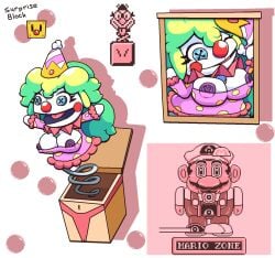 button_eyes button_nipples buttons chabble clown clown_girl green_hair jack-in-the-box_(mario) jack_in_the_box_(toy) mario_(series) nintendo post_transformation princess_peach puppet stitched stitches super_mario_bros. super_mario_land_2 toy transparent_background white_skin