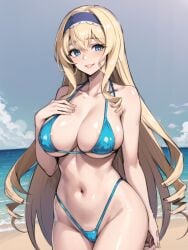 1girls ai_generated beach big_breasts bikini blonde_hair blue_bikini blue_eyes busty cecilia_alcott child_bearing_hips cleavage dripping female female_only hairbow infinite_stratos large_breasts legs long_hair looking_at_viewer navel ocean sensual smile solo stable_diffusion swimsuit thick_thighs thighs thong_bikini voluptuous water