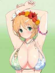 1girls 2023 armpits arms_above_head arms_up big_breasts bikini blush bra bust_portrait busty cleavage confused_look female flower_in_hair gradient_background green_eyes hair_ornament hairclip hanabi_(senran_kagura) highres large_breasts looking_at_viewer marvelous necklace official_art orange_hair senran_kagura solo solo_focus swimsuit third-party_edit yaegashi_nan