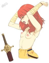 1girls alternate_costume arms_up bangs breasts celica_(fire_emblem) celica_(warrior_princess)_(fire_emblem) closed_eyes drooling fefex female female_only fire_emblem fire_emblem_echoes:_shadows_of_valentia fire_emblem_heroes medium_hair nintendo nipples official_alternate_costume open_mouth orange_hair rs40uchiha saliva saliva_trail small_breasts solo stretching sword topless weapon white_background yawn