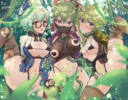 3girls big_breasts big_thighs blush bondage breasts busty cleavage collei_(genshin_impact) covered_nipples diia female genshin_impact green_hair huge_thighs kuki_shinobu large_thighs leg_up micro_bikini multiple_girls navel one_leg_up orange_eyes purple_eyes rape sucrose_(genshin_impact) tentacle thick_thighs thighs voluptuous