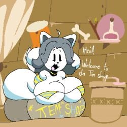 1girls 2d 2d_(artwork) 2d_artwork anthro big_breasts bikini bottomless box breasts color dialogue english english_dialogue english_text female female_only furry in_box japansadface looking_at_viewer open_mouth open_smile smile solo solo_female tagme temmie_(undertale) text undertale undertale_(series)