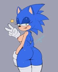 anthro ass big_ass big_butt blush breasts clothed clothing eulipotyphlan exposed_torso eyelashes female female_only genderswap_(mtf) gesture gloves handwear hedgehog hi_res jollysart legwear mammal mostly_nude mtf_crossgender nipples rule_63 sega smile solo solo_female sonic_(series) sonic_the_hedgehog sonic_the_hedgehog_(series) sonique_the_hedgehog thigh_highs topless topless_female v_sign