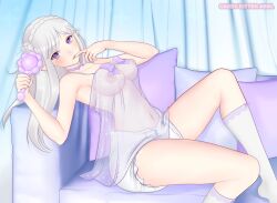 1girls breasts candykittenabdl diaper elf emilia_(re:zero) nipples on_couch re:zero_kara_hajimeru_isekai_seikatsu silver_hair solo_female solo_focus thick_thighs transparent_clothing