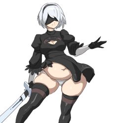 1girls baqua bbw belly big_belly blindfold breasts chubby clothing fat female female_only hairband light-skinned_female light_skin nier nier:_automata overweight short_hair solo thick_thighs thighhighs white_background white_hair yorha_2b