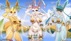 anthro belly_button belly_dancer belly_dancer_outfit big_breasts blush bow_ribbon bow_tie breasts burgerkiss clothing clouds creatures_(company) desert dialogue eeveelution erect_nipples erection female game_freak generation_4_pokemon generation_6_pokemon glaceon harem_outfit heart heart-shaped_pupils leafeon lucario male nintendo nipples oasis pokémon_(species) pokemon pokemon_(species) pokemon_dppt pokemon_xy sylveon tagme video_games