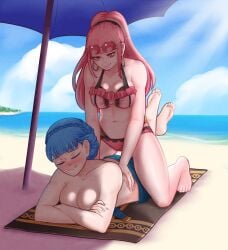 2girls absurd_res absurdres alternate_costume applying_sunscreen arms_folded beach bikini blue_bikini blue_hair blue_nails blue_swimsuit cleavage closed_eyes ear_piercing earrings female female_only fire_emblem fire_emblem:_three_houses fire_emblem_heroes hi_res highres hilda_valentine_goneril lying marianne_von_edmund multiple_girls nail_polish nintendo obsidianwasp official_alternate_costume on_stomach parasol pink_bikini pink_eyes pink_hair pink_swimsuit ponytail sea smile sunglasses sunglasses_on_head swimsuit topless towel yuri